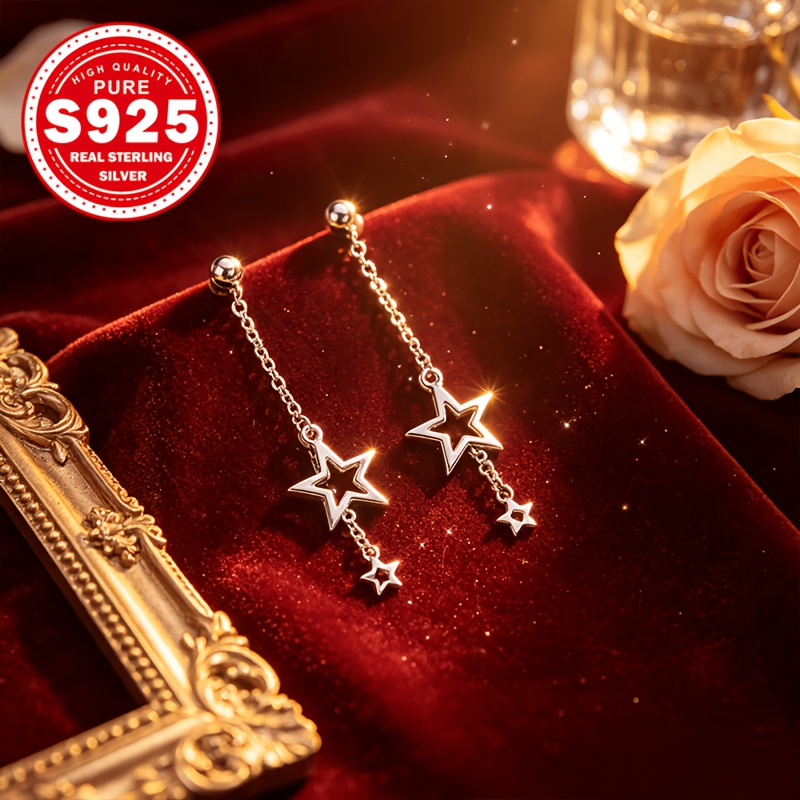 Women's S925 Silver Star Tassel Drop Earrings, Elegant Style
